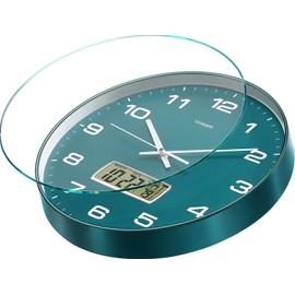 TIMESS Wall Clock, 12" Dial Non-Ticking Silent Battery Operated Analog with LCD Display for Perpetual Calendar and F° Temperature, Ideal Modern Home, Bedroom, Kitchen, Office Decor (Green)