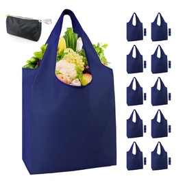 BeeGreen 10 Packs Dark Blue Reusable Shopping Bags X- Large Reusable Grocery Bags for Groceries Durbale Foldable Tote Bags for Women Men Washable Waterproof