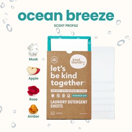 Kind Laundry Detergent Sheets with Powerful Stain-Fighting Enzymes - Biodegradable Plant Powered Eco-Friendly Laundry Soap Sheets - Home or Travel Laundry Detergent (Ocean Breeze, 32 Loads)