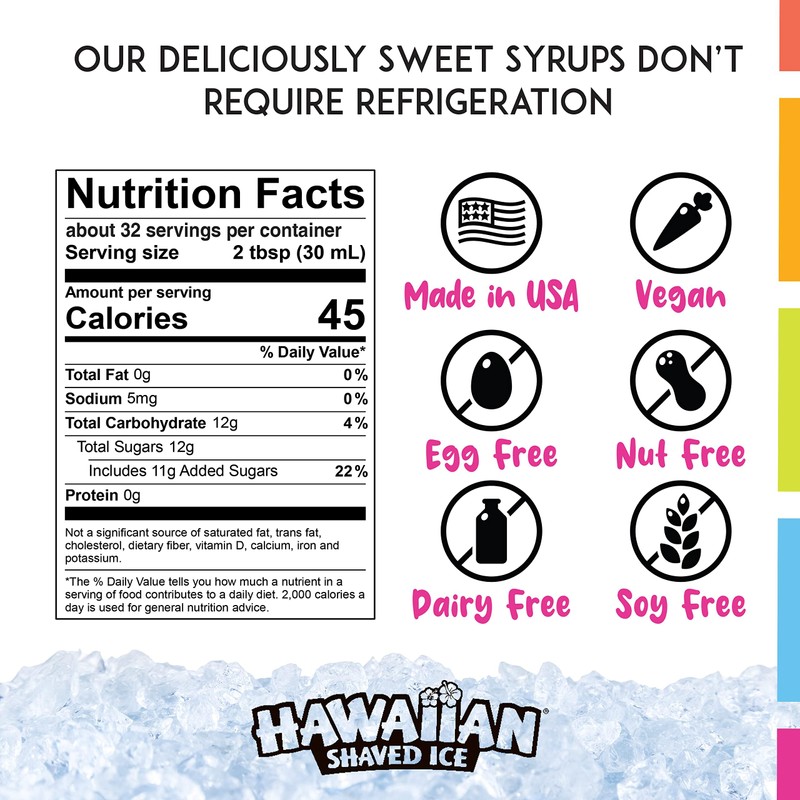 Hawaiian Shaved Ice 6 Syrup Assortment, Cherry, Grape, Blue Raspberry,