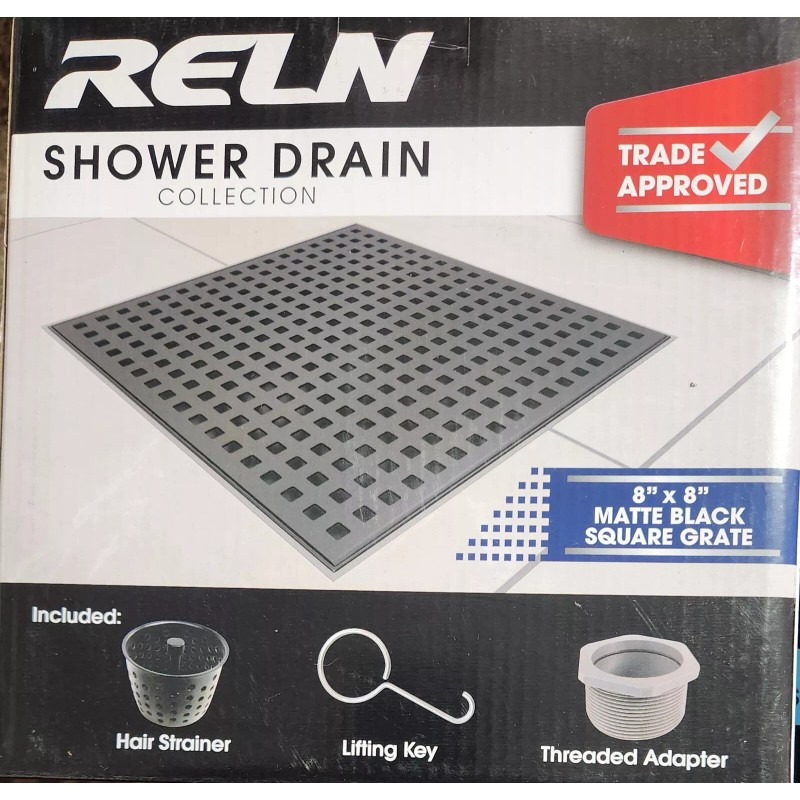 RELN Shower Drain 8" x 8" Stainless Steel Slotted Black
