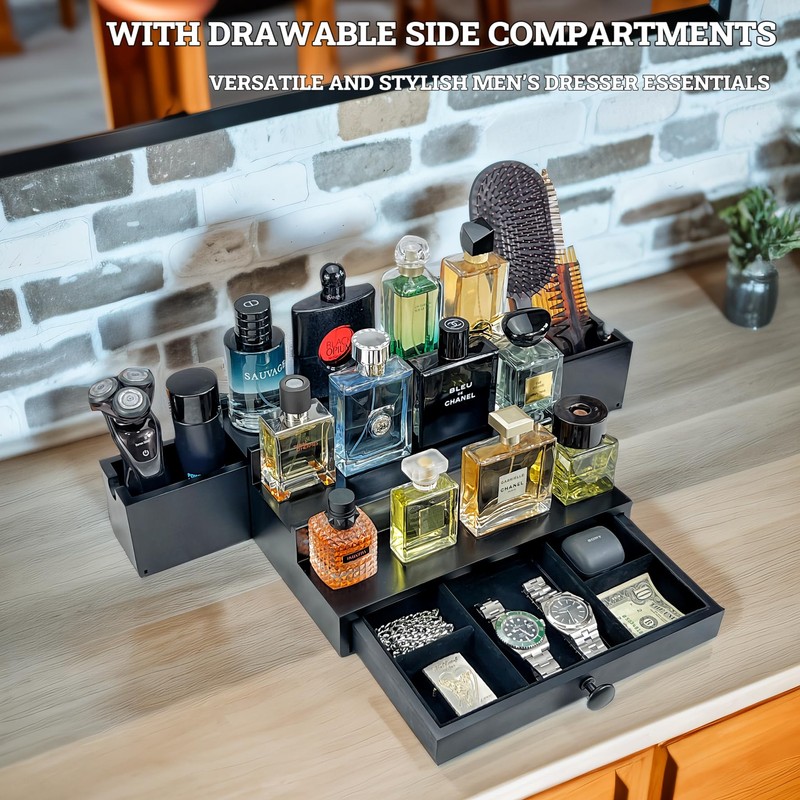 Classic Wooden Cologne Organizer for Men 3 Tier Black |