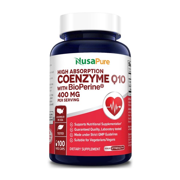 NusaPure CoQ10 400 mg 100 Veggie Caps (Vegan, Non-GMO & Gluten-Free) Coenzyme Q10 Supplement, Antioxidant COQ-10 Enzyme, Coq 10 - Serving Size 2 Daily Caps
