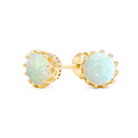 White Created Opal Crown Setting Solitaire Stud Earrings 14K Gold Plated 925 Sterling Silver 6mm October Birthstone