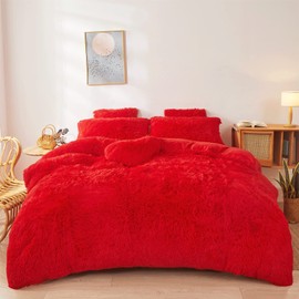 FOPPA Red Fluffy Comforter Cover Set King- Ultra Soft Fluffy Red Bedding Sets 3 Pieces (1 Duvet Cover + 2 Pillow case) Pink Fluffy Bed Set (Red, King)