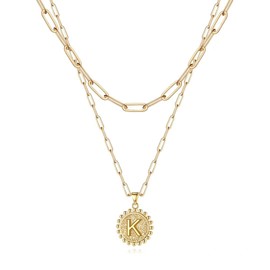 Ursteel Gold Necklace for Women - 14K Gold Plated Dainty Layering Paperclip Chain Necklace for Women Letter K Initial Coin Pendant Layered Gold Necklaces Jewelry Mothers Day Gifts for Women Her