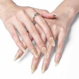 AFGHOUZ White French Tip Artificial Press on Nails Medium Oval, Full Cover Glue on Nails for Women, Gold Starbursts, 10 Pcs Reusable, Suitable for Many Occasions