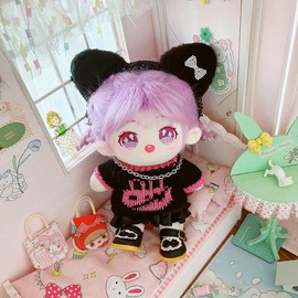 niannyyhouse 20cm Plush Clothes Headwear Kitten Sweater Leather Skirt Cotton Doll Clothes Change Dress (Black + Pink)