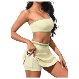 SHENHE - Juego de falda de tenis para mujer, 2 piezas, atlética, con un solo hombro, playera corta y falda de golf, Amarillo claro, S