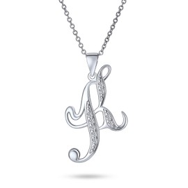 Bling Jewelry ABC Cubic Zirconia Pave CZ Cursive Script Letter Alphabet Initial K Pendant Necklace for Women Sterling Silver