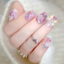 Nail Tips, Short, Fake Nails, Set of 24, Sparkling, Glossy, 3D, Korea, Popular, Fashionable, Short Nail Tips, Gel Nails, Cute, Short, Bride Nails, Handmade, Double-Sided Tape, Butterfly, Ribbon, Heart