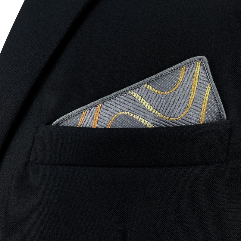 [S&W SHLAX&WING] Men's Pocket Square Gray Yellow Golden Geometric Wedding,