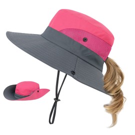 Kids Sun Hat with Ponytail Hole UV Protection Wide Brim Summer Beach Bucket Cap Fishing Hat for Girls Mixed Watermelon Red