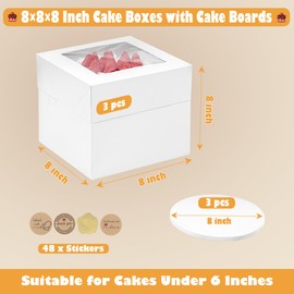 MonYouGe 8x8x8 Inches Cake Boxes with Cake Boards, 3 Pack Premium Tall Cheesecake Boxes with Display Window for Christmas, Birthday, Wedding