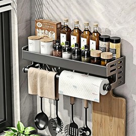YZÉ By Yizhe No-Drill Spice Rack for Kitchen Wall - 15.74in with 5 Hooks & Towel Bar, Rustproof Aluminum, No Screws Installation for Spices, Utensils, Toiletries in Small Apartments, RV, Dorm