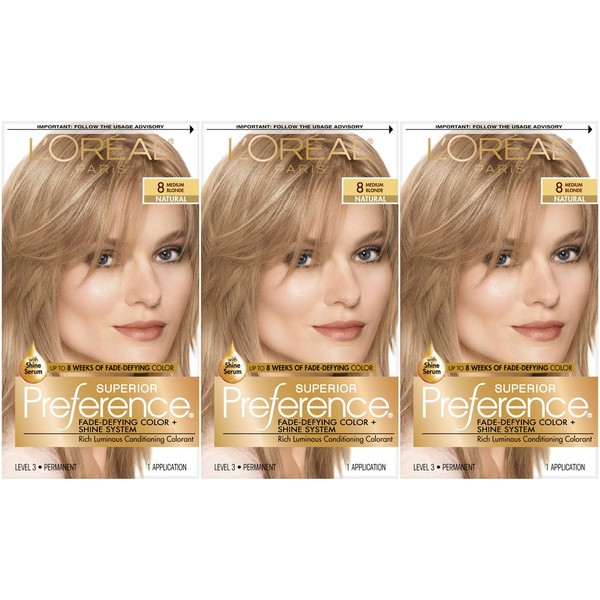 L'Oreal Paris Superior Preference Fade-Defying + Shine Permanent Hair Color, 8 Medium Blonde, Pack of 3, Hair Dye