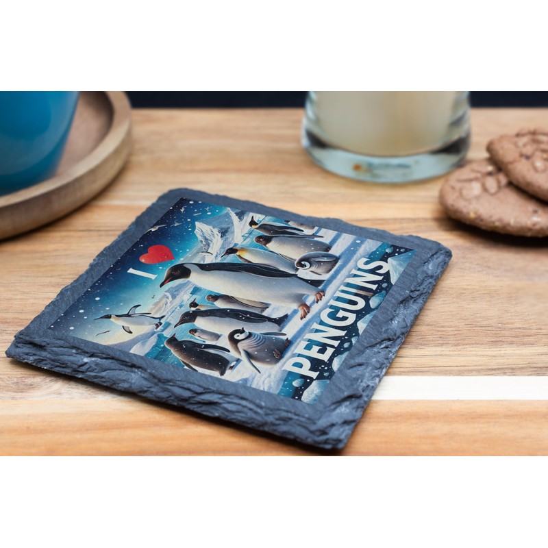 I Love Penguins Slate Coaster – Realistic Penguin Design (slco-kf25-lovepenguinsrealkvd)
