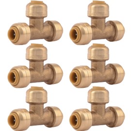 SharkBite 1/4 Inch (3/8 Inch OD) Tee, Pack of 6, Push to Connect Brass Plumbing Fitting, PEX Pipe, Copper, CPVC, PE-RT, HDPE, U358LF