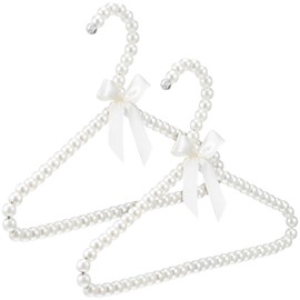 DECHOUS 2Pcs Pearl Clothes Hangers for Kids White Pearl Beaded Clothes Hangers Small Closet Hangers Metal Clothes Hangers with Ribbon for Kids Girls Pet Clothes, 11.8x7.5 Inch
