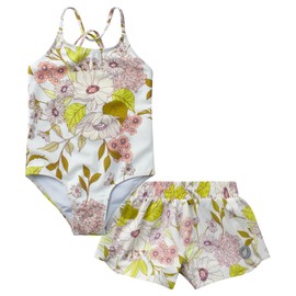 Volcom Girls' Swimsuit Set - UPF50+ Quick-Dry Girls One Piece Swimsuits with Matching Swim Shorts for Swimming (Sizes: 2T-16), Size 5, Lime