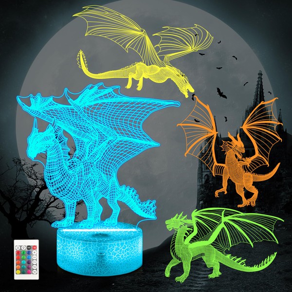 Ammonite Dragon Gifts, 3D Illusion Dragon Night Light for Kids (4 Patterns) with Remote Control & 16 Colors Changing & Dimmable Function, Creative Gift Idea as Xmas Holiday Birthday Gifts for Boy Girl