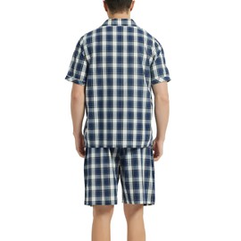 Vulcanodon Mens Cotton Pajama Set Short Sleeve, Button Down Pajama Set for Men Plaid Men's Sleepwear(Navy Plaid,L)