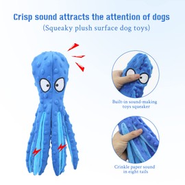 LuckyOpt Squeak Dog Toy, 12.5In Plush Octopus Dog Toy with Crinkle Paper and Squeaky Inside, No Stuffing Dog Toys for Indoor Dog (Blue)