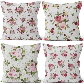 Aoihrraan 18 x 18 Inch Cushion Covers Pink Rose Spring Floral Pattern Soft Square Linen Throw Pillow Covers Home Decor For Farmhouse Living Room Sofa Outdoor Garden Couch, 46x46cm Set of 4