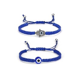 POYAMUSE Set of Evil Eye & Hamsa Hand Braided Adjustable Bracelets - Protective Good Luck Jewelry for Men and Women - Thread Rope String Amulet Bracelets for Family Frends - Blue