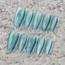 Sun&Beam Nails Handmade Nail Tips, Medium, Long, Coffin Ballerina, Blue, False Nails, Magnet, Plain, One Color, Simple Design, Fashionable, 10 Pieces (#250 S)