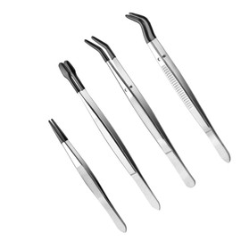 4-piece set of stainless steel tweezers, tweezers with rubber tips, bent, flat, pointed clock and jewelry clips, industrial laboratory tools for handicrafts