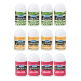 Lip Naturals® | Assorted Mini Lip Balm with Sunscreen (SPF-15) | Made in USA | 12-Count Pack with Bing Cherry, Tea Tree Mint, and Vanilla Bean Flavors (0.10oz/3g Each)