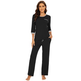 WiWi Womens Pajamas Viscose from Bamboo Moisture Wicking Pajama Set 3/4 Sleeve Sleepwear Sets Lightweight Pjs S-XXL, Black, X-Large