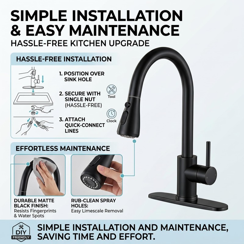 KINGO HOME Kitchen Faucets with Pull Down Sprayer,Matte Black,Lead-Free