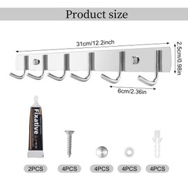 Pack of 2 Hook Rack Kitchen Coat Hooks Made of 304 Stainless Steel Coat Rack with 6 Hooks Easy Installation Coat Hooks Wall Coat Hooks Stainless Steel for Kitchen, Bathroom, Living Room, Hallway