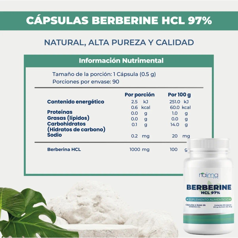 Berberina Hcl 100 Cápsulas Naíma Soporte Metabólico Digestivo Gluten