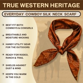 Helder Creek Co Wild Rag Silk Scarf 36 inch Western Cowboy Bandana Square Silky Floral Tooled Leather Scarves, Wild Rags for Men & Women (Leather Brown & Tan)