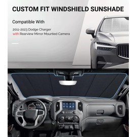 Pigenius Windshield Sun Shade for 2011-2023 Dodge Charger with Rearview Mirror Mounted Camera. 2024 Upgrade Reflective Aluminum Film Front Window Sunshade for Maximum Interior Protection