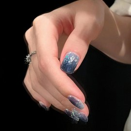 24Pcs Short Press on Nails Square Acrylic Fake Nails Glossy Artificial Stick on Nails for Women Nail Press ons Dark Blue Silver Glitter Sequins Designs Gradient Glue on Nails for Girls