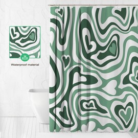 Lindarmeler Aesthetic 70S Hippie Shower Curtain Sage Green Groovy Waves Bath Curtain Retro Boho Minimal Abstract Heart Bathroom Decor Waterproof Shower Curtain with 12 Hooks (Sage Green, 72x72 inch)