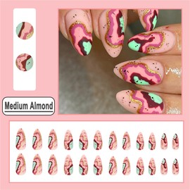 DOCVOEOMH Matte Press on Nails Almond Medium Acrylic Glitter Fake Press Ons Nails with Abstract Painting Design Glue on Full Cover Artificial False Stick on Nail for Girls Women Daily Wear 24PCS