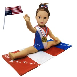 18 Inch Doll Clothes and Accessories,18 inch Dolls Gymnastics Leotard,Matching Doll 4th July Patriotic Clothes USA Flag,Mat and Olympic Gold Medal Fits Most 18" Dolls