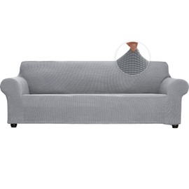 Stretch Sofa Slipcover Soft Sofa Cover Couch Covers for 3 Cushion Couch Sofa Furniture Protector Breathable Washable Jacquard Fabric Small Checks with Elastic Bottom for Kids Pets (Silver Grey, Large)