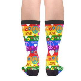 Heart Peace Symbol Flower Men Women Funny Crazy Novelty Crew Tube Socks, Casual Athletic Sport Dress Socks