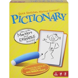 Mattel Games Pictionary Juego de Mesa Familiar para niños, Adultos y Noche de Juegos para 2 Equipos con marcadores borrables, Tablas y Temporizador de Arena