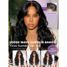 YIROO Bye Bye Knots Fluffy Loose Wave Curtain Bangs Wig Glueless Pre Cut 7x5 Hd Lace Front Wigs Pre Bleached Pre Plucked Pre Everything Lace Frontal Wig Human Hair Ready to Wear 180% Density 16Inch