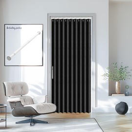 AJAZZ Accordion Door Invisible Folding Door Accordion Doors Interior Magnetic Door Curtain for Bedroom Living Room Doorway Curtain Sets Included Rod (1 Pack, 43W x 78 L, Black)
