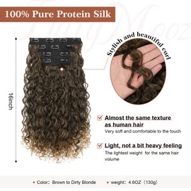Clip in Hair Extensions, FLUFYMOOZ 4PC 100％ Pure Protein Silk Hair Extensions Long Soft Natural Hairpiece 16 Inch Curly Hair Extension for Women (Brown to Dirty Blonde)