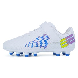 brooman Kids Firm Ground Soccer Cleats Boys Girls Football Shoes (4 JA,White/Navy)