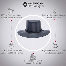 American Hat Makers Crusher Premium Black Leather Australian Outback Hat for Men and Women, Aussie Australian Western Cowboy Style, UPF50 Wide Brim, Waterproof Oilskin, Crushable and Packable | Large